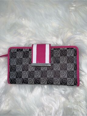 Heart-Print Zip Wallet with PinkTrim Strap